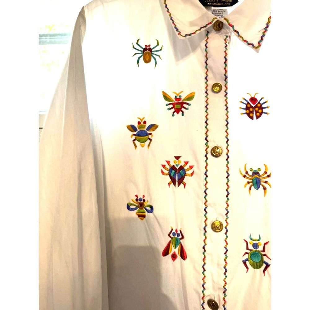 Bob Mackie Wearable Art Blouse w/ Insect Motif Embroidery on Cuffs, Yoke, Front - Picture 5 of 12